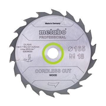 Metabo 628294000 Cordless Cut Wood - Professional 165mm x 20mm Circular Saw Blade 18T