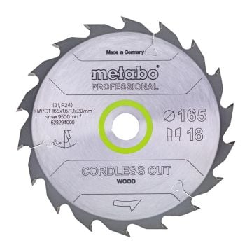 Metabo 628295000 Cordless Cut Wood - Professional 165mm x 20mm Circular Saw Blade 36T