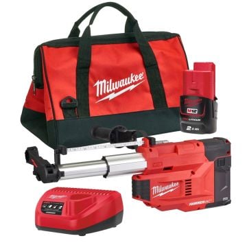 Milwaukee M12 UDEL-201B 12v Universal L-Class Dust Extractor For SDS+ Hammer Drills + 1x 2.0Ah Battery