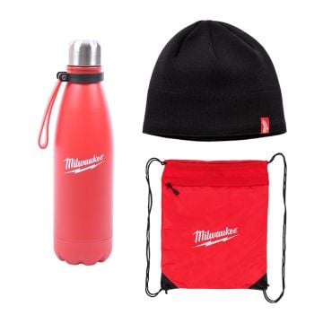 Milwaukee Promotional Merch Bundle Inc 1x 500ml Water Bottle 1x Black Beanie & 1x Drawstring Bag