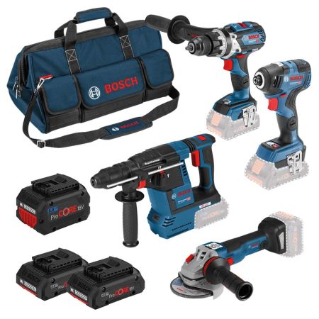 Bosch Professional 18v Robust Series 4 Pc Tool Kit Inc 2x 4.0Ah & 1x 8.0Ah Batts in Bag