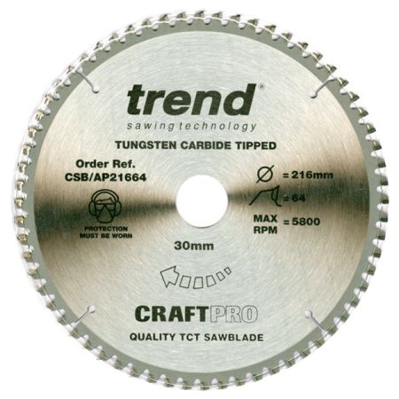 Trend CSB/AP21664 CraftPro Saw Blade Aluminium / Plastic 216mm x 64 Teeth x 30mm