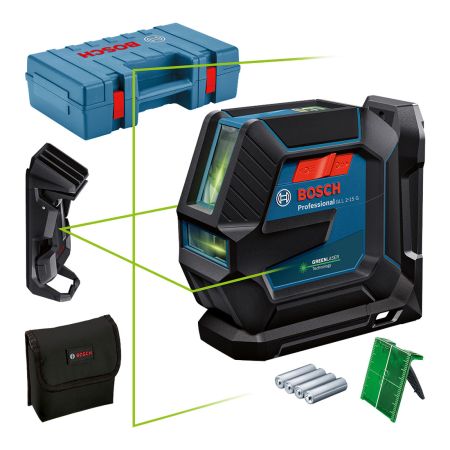 Bosch Professional GLL 2-15 G Green Multi Line Laser Measuring Tool & LB10 Mount Inc 4x AA Batts In Carry Case