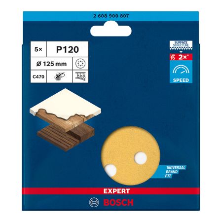 Bosch Expert C470 Random Orbit Sanding Discs 120G 125mm For Wood & Paint x5 Pcs
