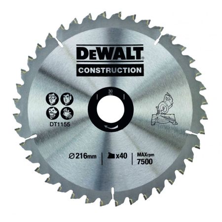 DeWalt DT1155-QZ Circular Saw Blade Construction 216mm x 30mm x 40 Teeth