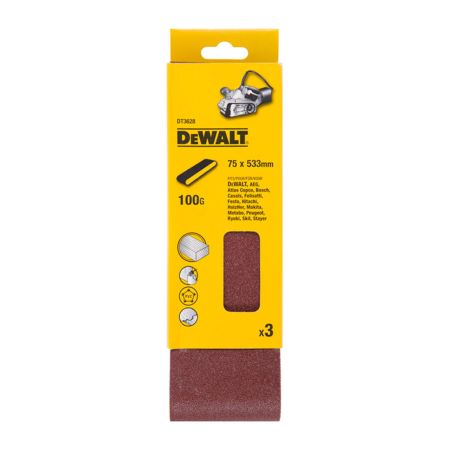 DeWalt DT3628-QZ Sanding Belts 75mm x 533mm 100 Grit x3 Pcs for DCW220