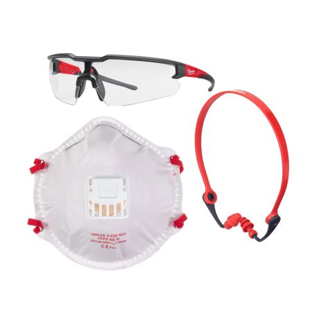 Milwaukee 4932492068 Carpentry PPE Kit Inc Safety Glasses / Banded Ear Plugs & 10x FFP2 Masks With Valve 