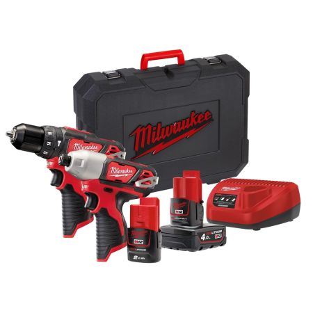 Milwaukee M12 BPP2B-421C 12v Combi Drill & Impact Driver Powerpack Inc 1x 4.0Ah & 1x 2.0Ah Batts