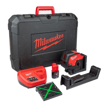 Milwaukee M12 CLLP-301C 12v Green Cross Line Laser With Plumb Points Inc 1x 3.0Ah Battery