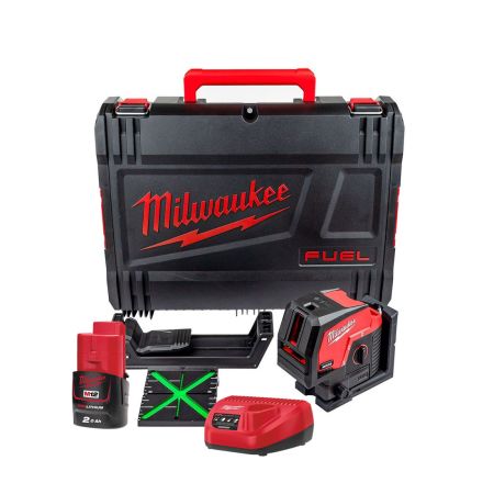 Milwaukee M12 CLLP-201C 12v Green Cross Line Laser With Plumb Points Inc 1x 2.0Ah Battery