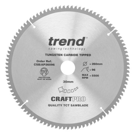 Trend CSB/AP26096 CraftPro Saw Blade Aluminium / Plastic 260mm x 96 Teeth x 30mm