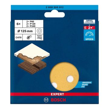 Bosch Expert C470 Random Orbit Sanding Sheets 60/120/240G 125mm For Wood & Paint x6 Pcs