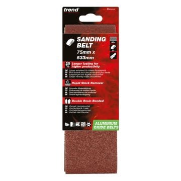 Trend AB/B75A/80A 80 Grit Aluminium Oxide Sanding Belt 75 x 533mm 3 Pcs 