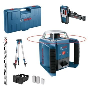 Bosch Professional GRL 400 H Rotation Laser Measuring Tool Kit Inc LR1 Receiver, BT 152 Tripod & GR 2400 Rod