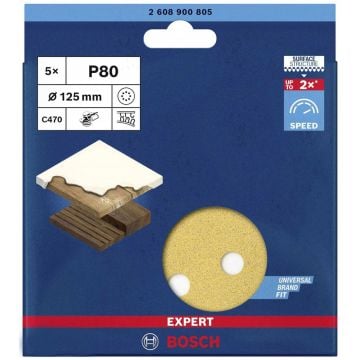 Bosch Expert C470 Random Orbit Sanding Sheets 80G 125mm For Wood & Paint x5 Pcs