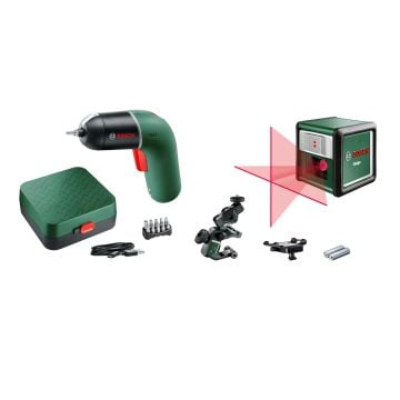Bosch Green Bundle Quigo Self-Levelling Cross-Line Red Laser Level & IXO 6 3.6v Lithium-Ion Cordless Screwdriver 230v
