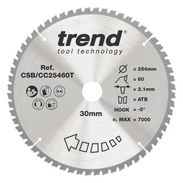 Trend CSB/CC25460T Wood Cordless Mitre Saw Blade 254mm x 30mm x 60T