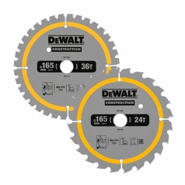 DeWalt DT90270-QZ 165mm x 20mm 24T & 36T Construction Circular Saw Blades x2 Pcs