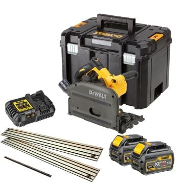 DeWalt DCS520T2R-GB 54v XR FLEXVOLT Plunge Saw inc 2x DCB546 Batts & 2x Guide Rails Full Kit