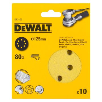 DeWalt DT3103-QZ ROS QUICK FIT Sanding Discs 125mm 80 Grit x10 Pcs for DCW210N & DWE6423