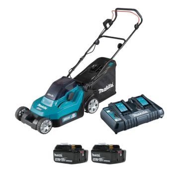 Makita DLM382PT2 Twin 18v LXT 38cm Cordless Lawn Mower Inc 2x 5.0Ah Batteries