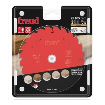 Freud F03FS10052 Wood Cordless Circular Saw Blade 165 x 20 x 1.5/1 x T24