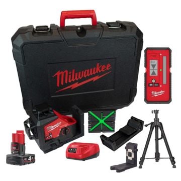 Milwaukee M12 3PLKIT-401P Kit 12v Green 360° 3 Plane Laser Accessory Kit Inc x 4.0Ah Battery & Tripod