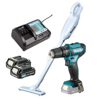 Makita CLX214X1 12v CXT Slide Kit HP333D Combi Drill & CL106FDZW Vacuum Inc 2x 2.0Ah Batteries