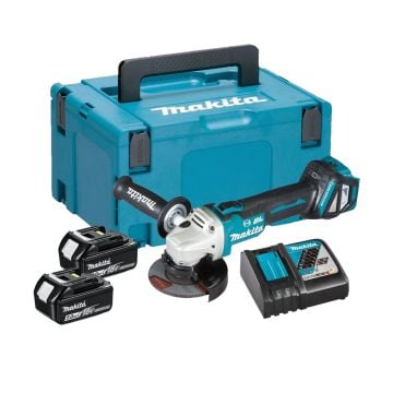 Makita DGA463RTJ 18v LXT Brushless Slide Switch 115mm Angle Grinder Inc 2x 5.0Ah Batts