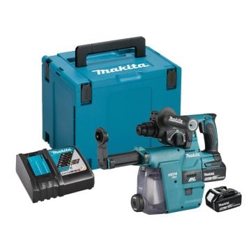 Makita DHR242RTJW 18v LXT 24mm SDS+ BL Rotary Hammer Drill Inc 2x 5.0Ah Batts + DX06 Attachment