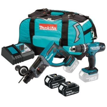 Makita DLX2025M 18v Cordless 2 Piece Kit DHP453 Combi + DHR202 SDS+ Rotary Hammer inc 2x 4Ah Batteries