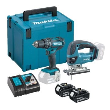 Makita DLX2134SJ 18v LXT Twin Kit DJV180 Jigsaw & DHP482 Combi Drill Inc 2x 3.0Ah Batts