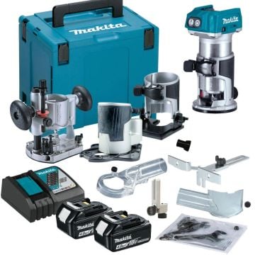 Makita DRT50RMJX2 18v LXT 1/4" Brushless Cordless Router inc Bases & 2x 4.0Ah Batts