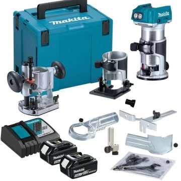 Makita DRT50RTJX2 18v LXT 1/4" Brushless Cordless Router Inc Bases & 2x 5.0Ah Batts