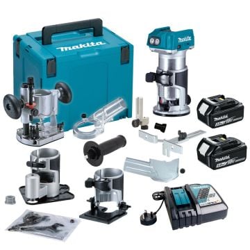 Makita DRT50RTJX3 18v LXT 1/4" Brushless Cordless Router Inc Extra Bases & 2x 5.0Ah Batts