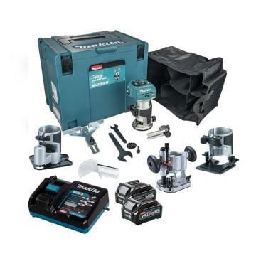 Makita RT001GD202 40v Max XGT 1/4" & 3/8" Brushless Router Inc Extra Bases & 2x 2.5Ah Batts