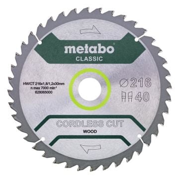 Metabo 628654000 Cordless Cut Wood - Classic 216mm x 30mm Circular Saw Blade 40T