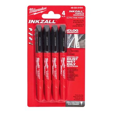 Milwaukee 48223154 INKZALL Jobsite Ultra Fine Point Jobsite Markers Black x4 Pcs