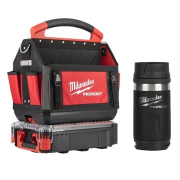 Milwaukee PACKOUT Set 2 Inc 1x Compact Organiser 1x 400mm Tote Tool Bag & 1x Bottle With Sip Lid