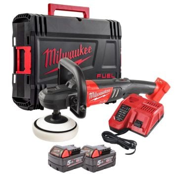 Milwaukee FAP180-502X M18 FUEL 18v Brushless 7" / 180mm Variable Speed Polisher Inc 2x 5.0Ah Batts