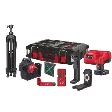 Milwaukee M12 3PLKIT-401P 12v Green 360° 3 Plane Laser Inc Accessory Kit & 1x 4.0Ah Battery