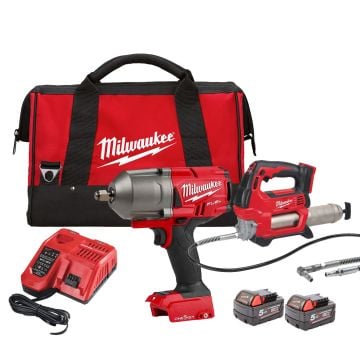 Milwaukee M18 ONEPP2Q-502B 18v FUEL ONE-KEY Impact Wrench & Grease Gun Kit Inc 2x 5.0Ah Batts