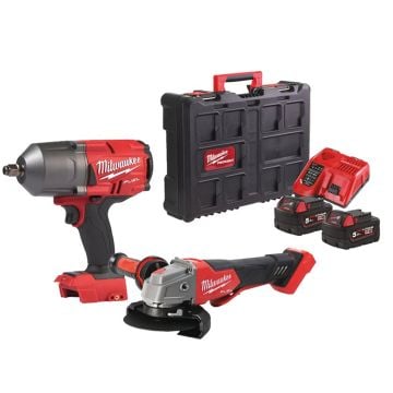 Milwaukee M18 FUEL FPP2BD-502P 18v Impact Wrench & Angle Grinder Kit Inc 2x 5.0Ah Batts
