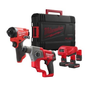 Milwaukee M12 FUEL FPP2M2-5253X Twin Pack Inc SDS+ Hammer Drill & Impact Driver Inc 2x 5.0Ah & 1x 2.5Ah HO Batts