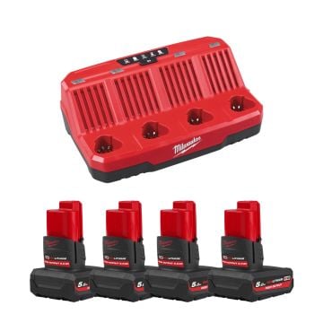 Milwaukee M12C4-504 M12 C4 4 Bay Charger & 4x M12 HB5 12v 5.0Ah HIGH OUTPUT Li-Ion Batteries