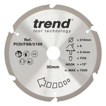 Trend PCD/FSB/2166 PCD Fibre Cement Circular Saw Blade 216mm x 30mm x 6T