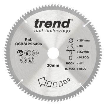 Trend CSB/AP25496 Aluminium/Plastic Circular Saw Blade 254mm x 30mm x 96T