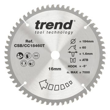 Trend CSB/CC18460T Wood Cordless Mitre Saw Blade 184mm x 16mm x 60T