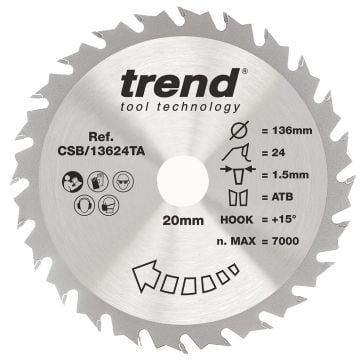 Trend CSB/13624TA Wood Cordless Circular Saw Blade 136mm x 20mm x 24T