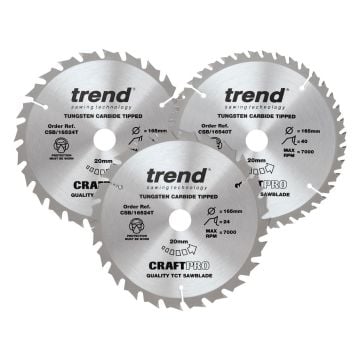 Trend CSB/165/3PK/B Wood Cordless Circular Saw Blade 165mm x 20mm x 24/40/52T Triple Pack x3 Pcs